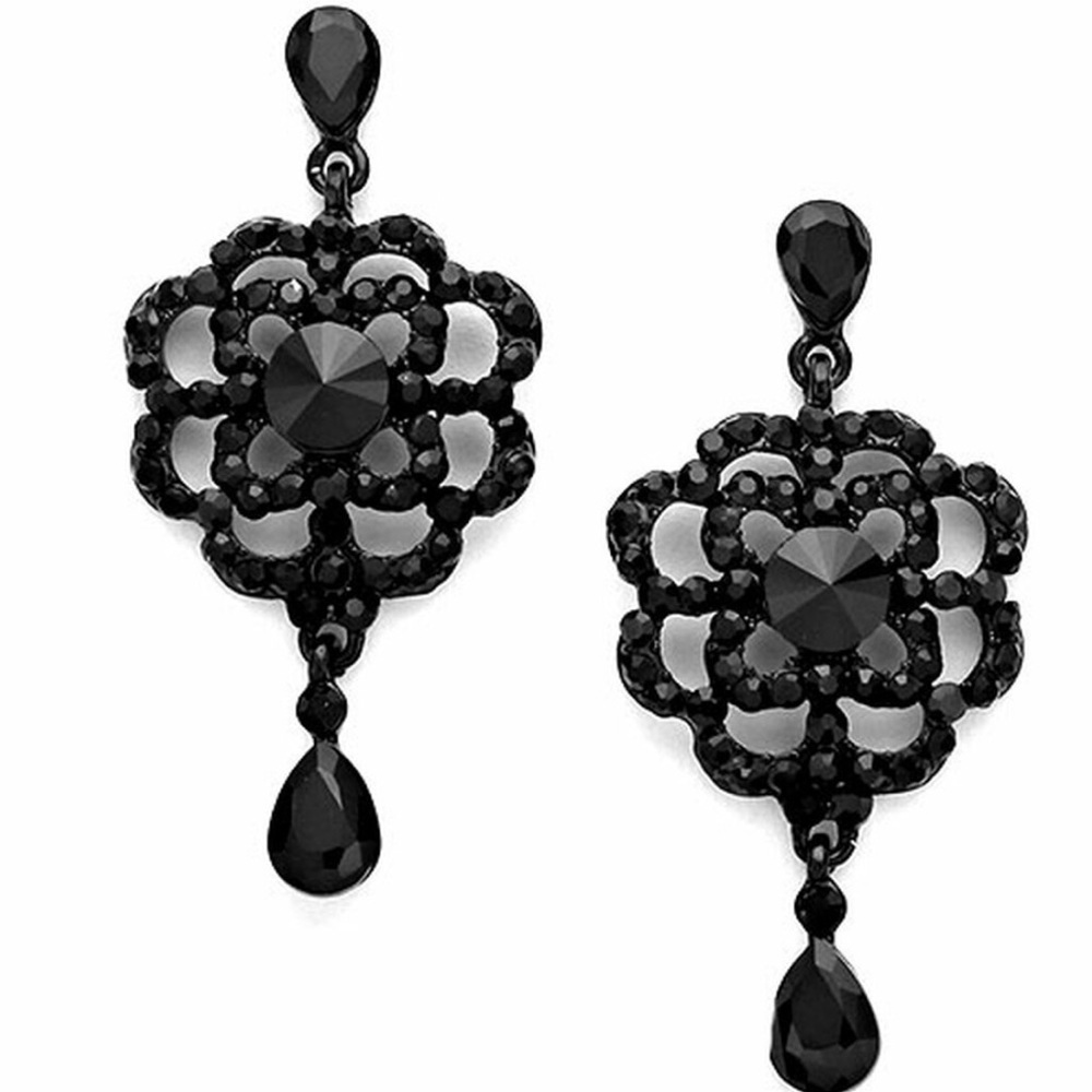 Elegant Jet Black Crystal Pavé Rose Dangle Earring